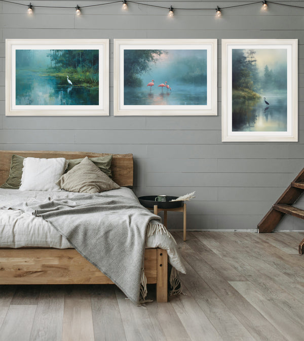 Misty Lake Flamingos - Oxford Strong White Round Frame