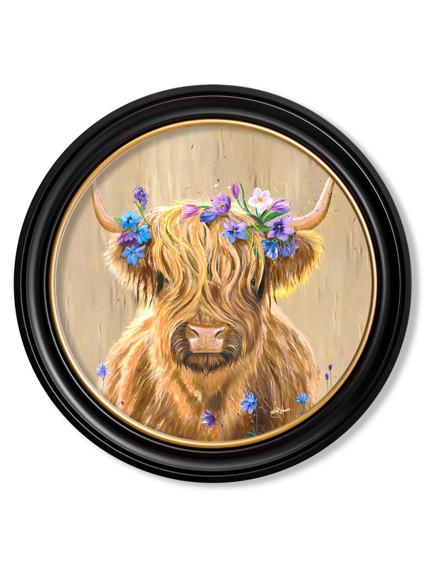 Highland Cow Print 'Flower Girl' by Amy Ansell - Oxford Round Frame