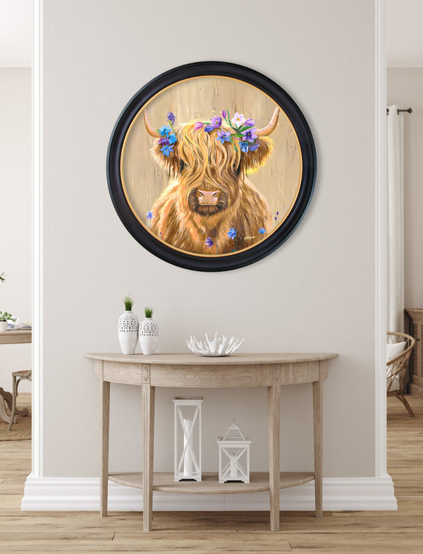 Highland Cow Print 'Flower Girl' by Amy Ansell - Oxford Round Frame