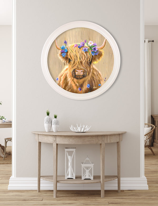 Highland Cow Print 'Flower Girl' by Amy Ansell - Strong White Round Frame