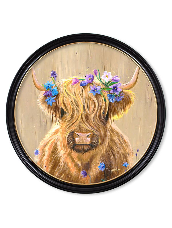 Highland Cow Print 'Flower Girl' by Amy Ansell - Oxford Round Frame