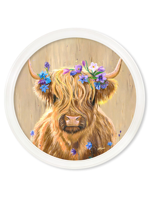 Highland Cow Print 'Flower Girl' by Amy Ansell - Strong White Round Frame