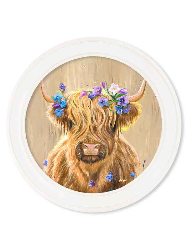 Highland Cow Print 'Flower Girl' by Amy Ansell - Strong White Round Frame