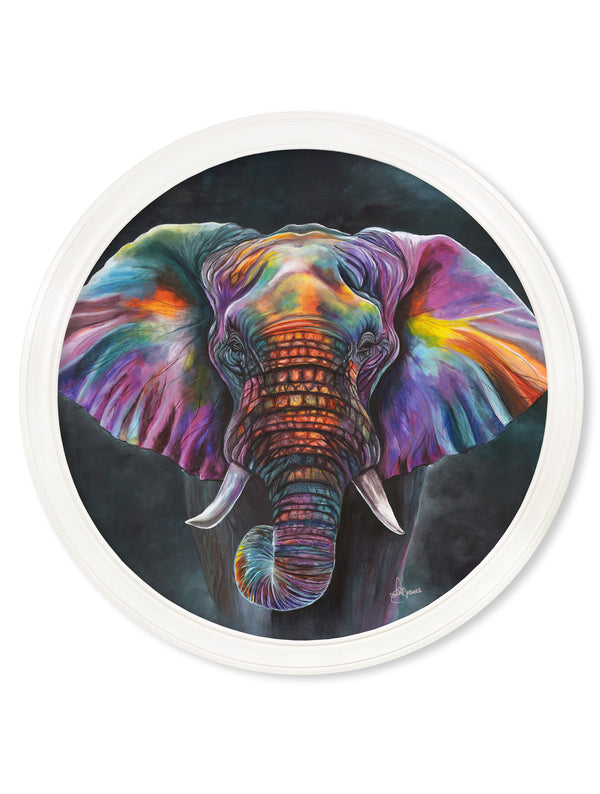 Elephant Print 'Wisdom' by Amy Ansell - Strong White Round Frame