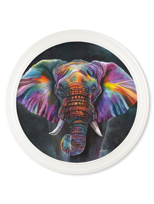 Elephant Print 'Wisdom' by Amy Ansell - Strong White Round Frame