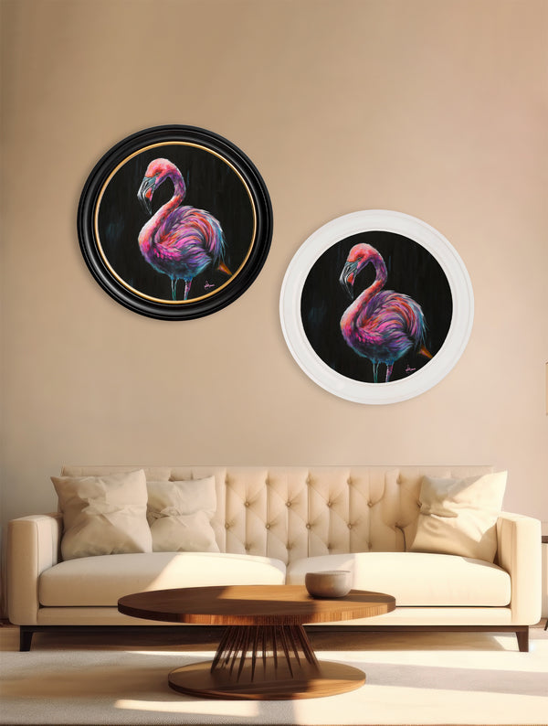 Flamingo Print 'Florrie' by Amy Ansell - Oxford Round Frame