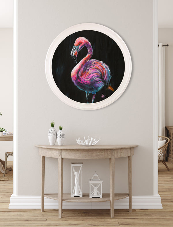 Flamingo Print 'Florrie' by Amy Ansell - Strong White Round Frame