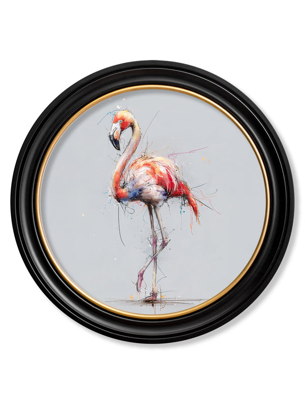 Pink Flamingo Cosy Sketch - Oxford Round Frame