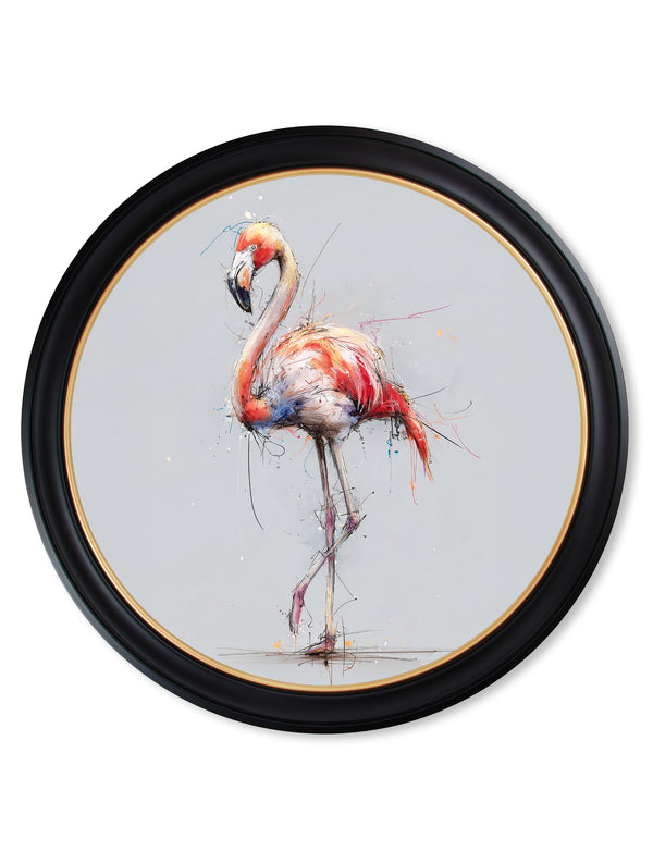 Pink Flamingo Cosy Sketch - Oxford Round Frame