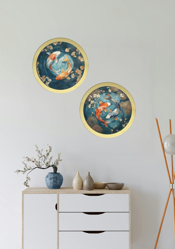 Japanese Koi Carp Dawn - 30cm Gold Round Box Frame