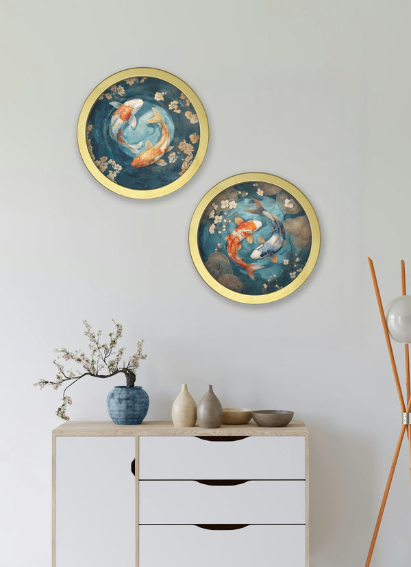 Japanese Koi Carp Dawn - 30cm Gold Round Box Frame