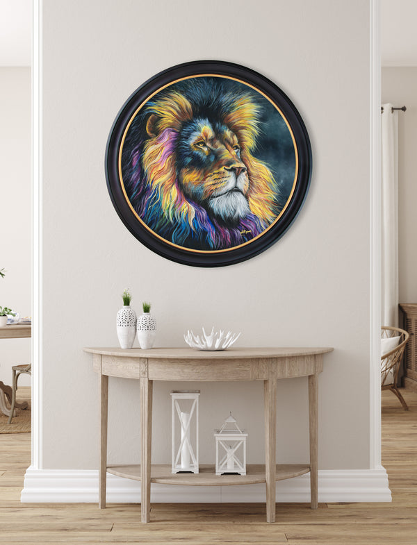 Lion Print 'Courage' by Amy Ansell - Oxford Round Frame