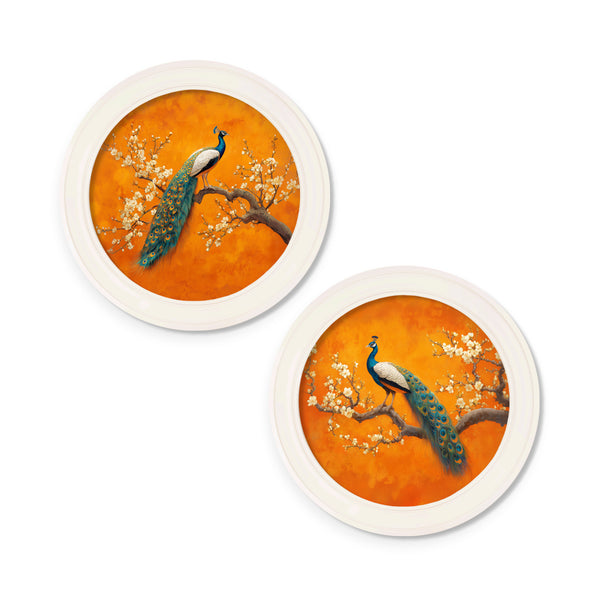 Peacocks In Saffron Garden - Oxford Strong White Round Frame