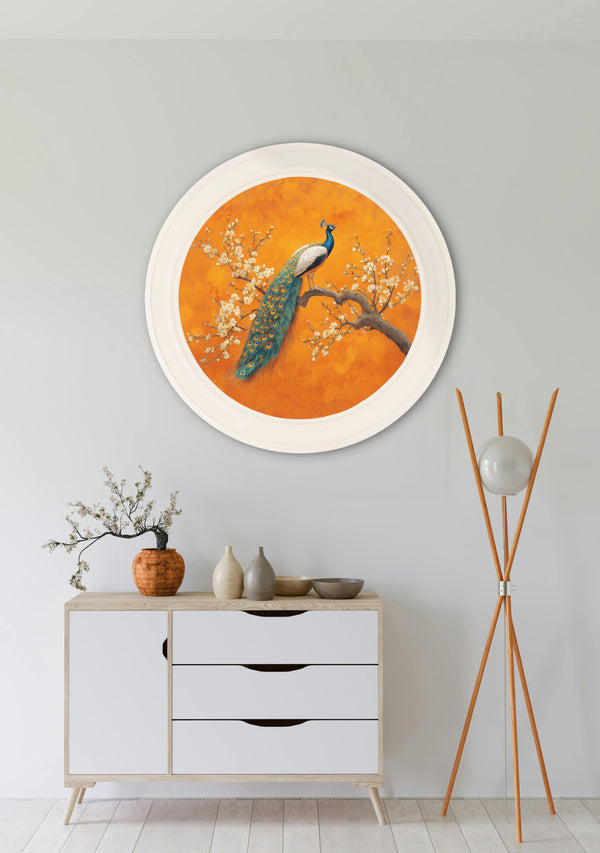Peacocks In Saffron Garden - Oxford Strong White Round Frame