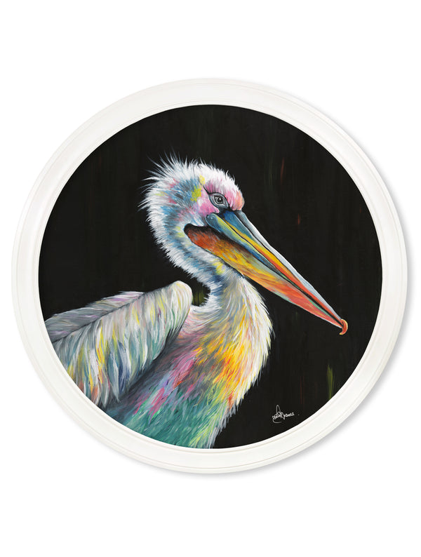 Pelican Print 'Pierre' by Amy Ansell - Strong White Round Frame