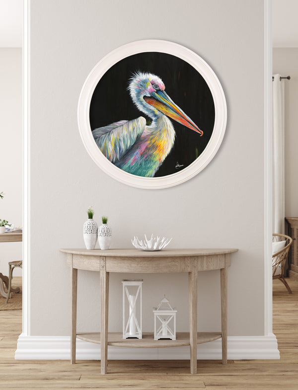 Pelican Print 'Pierre' by Amy Ansell - Strong White Round Frame