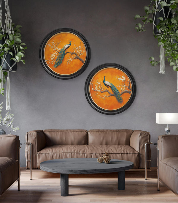Peacocks In Saffron Garden - Oxford Round Frame